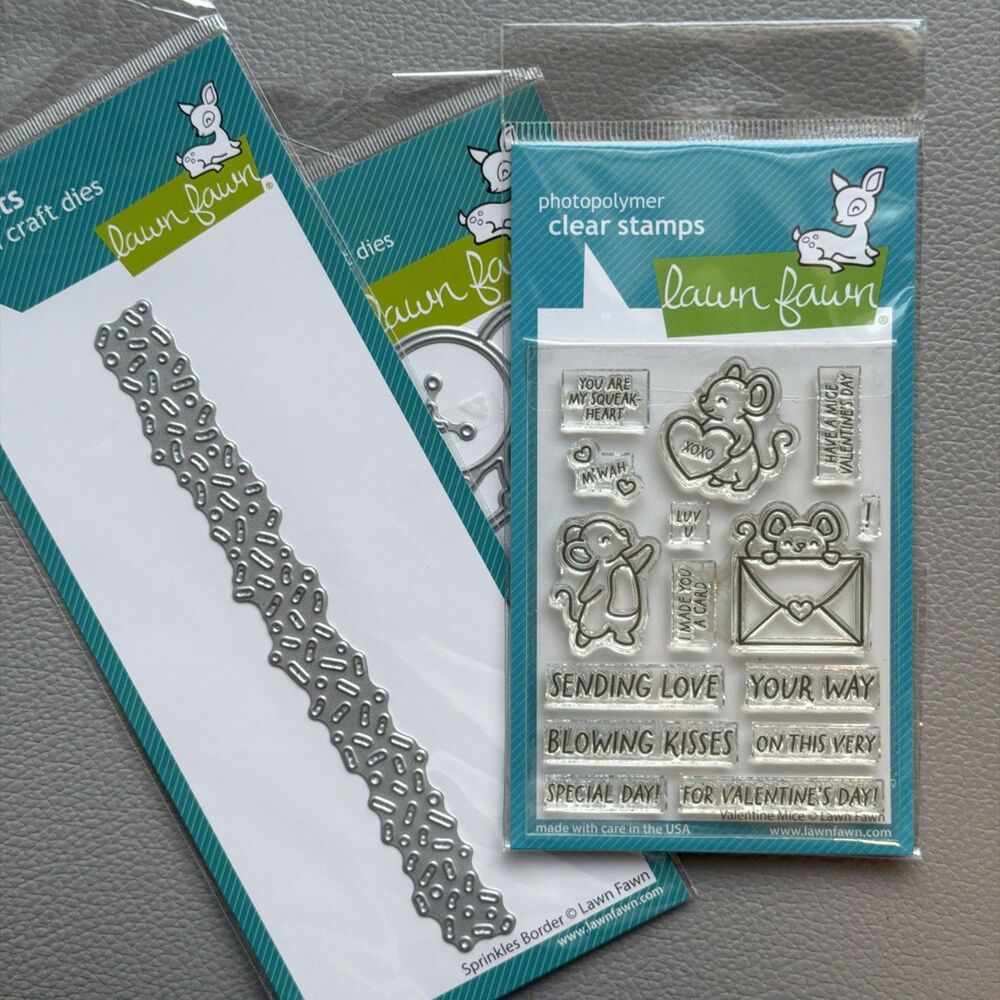 Lawn Fawn VALENTINE MICE Clear Stamps Set Sprinkles border and balloon bunch lot